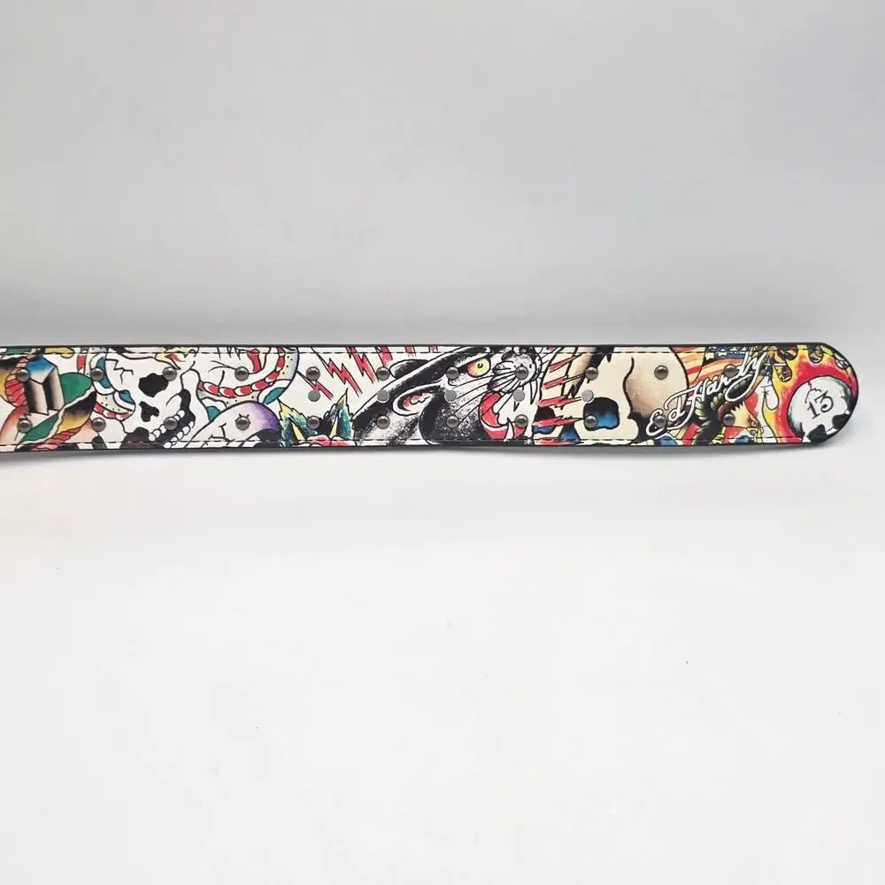 Ed Hardy Men's Size 38 Belt Multicolor Tiger Panther Skull Metal Studs New